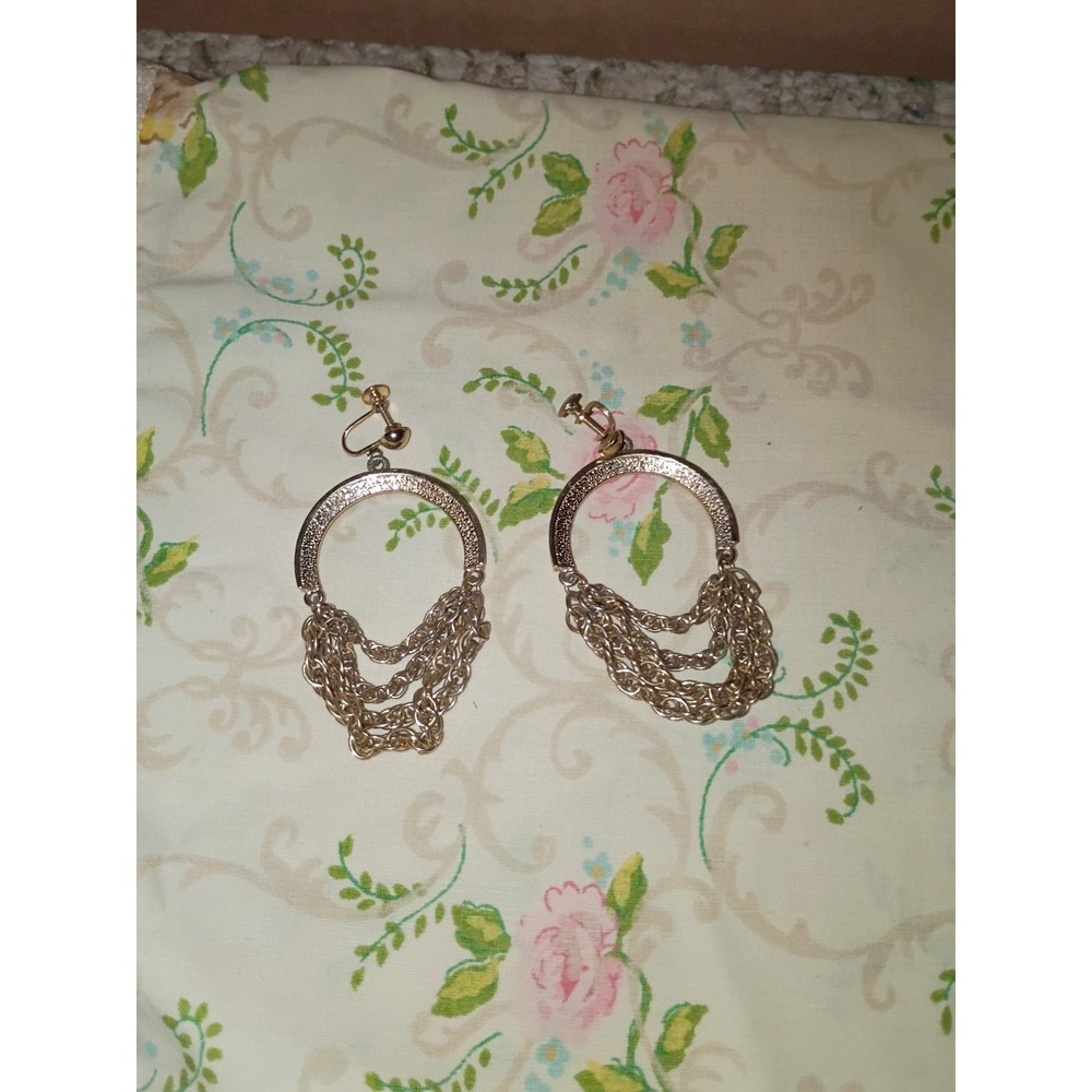 Gold Toned Multiple Chain Hood Earrings Screw Back‎ 2 1/4 Inch
